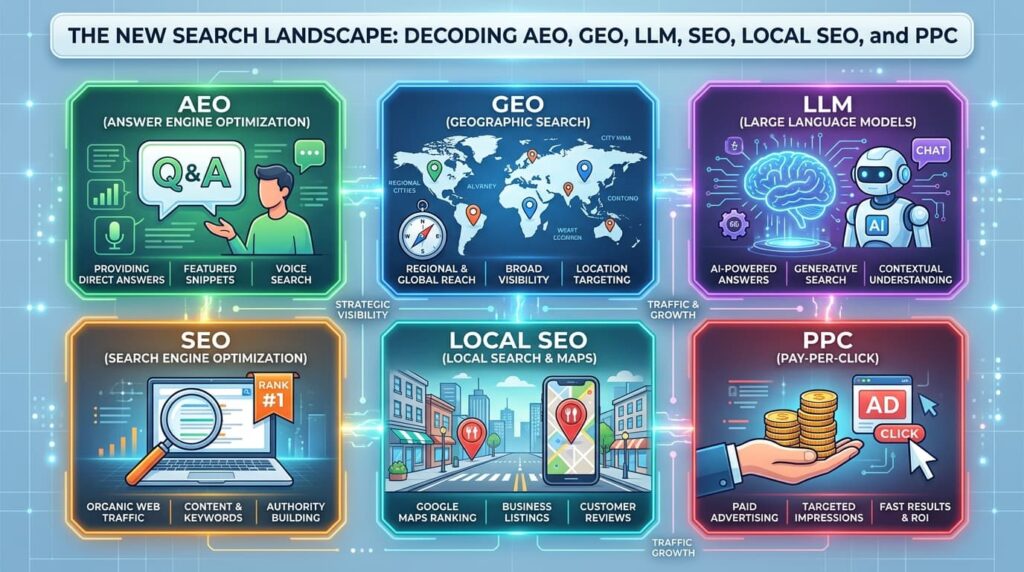 AEO vs GEO vs LLM vs SEO vs Local SEO vs PPC