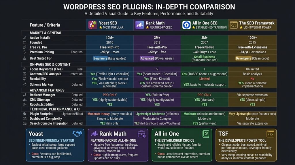 Yoas Vs Rank Math Vs AIOSEO VsThe SEO Framework